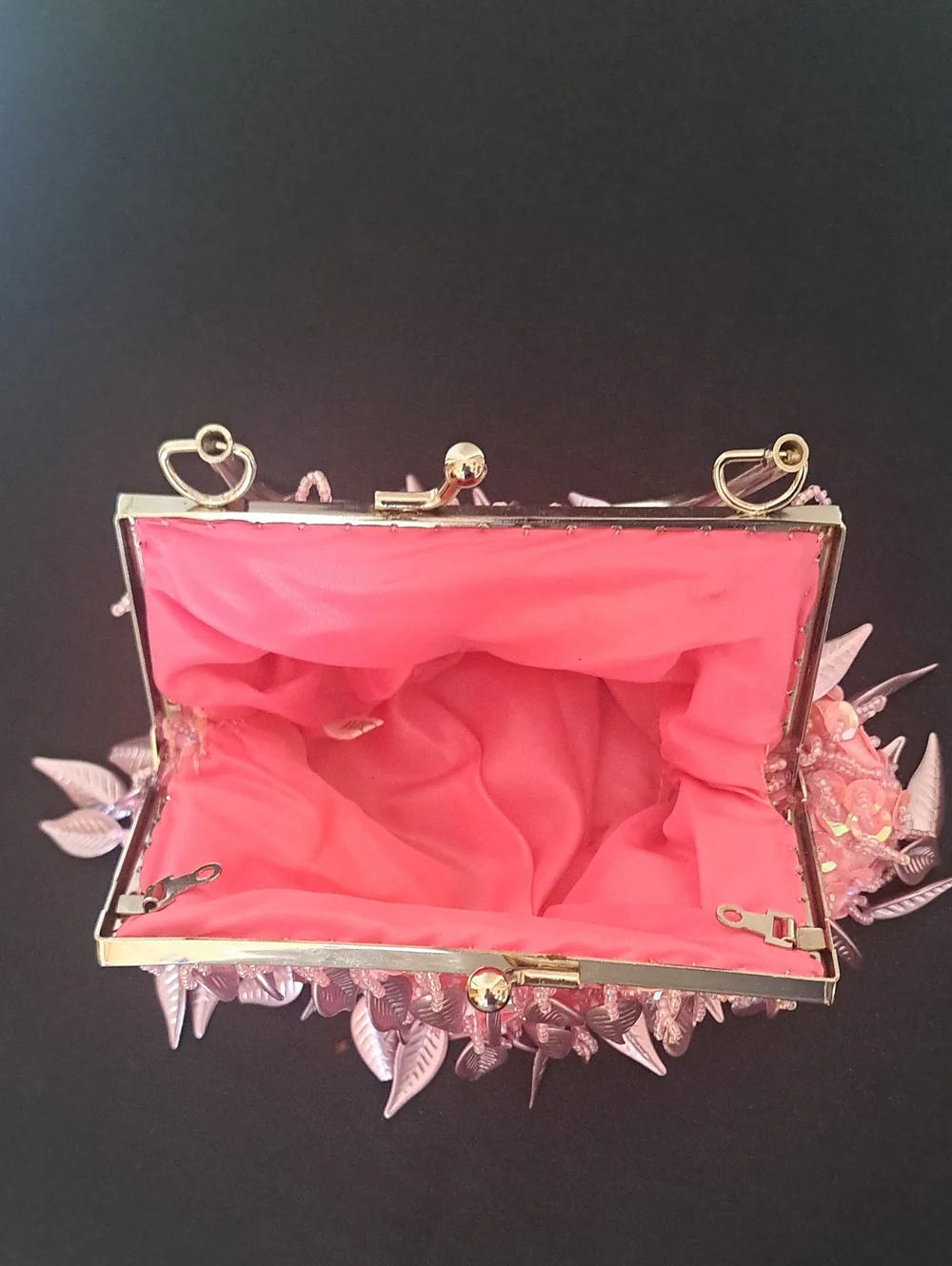 Pink Leaf Sequin Evening Clutch with Top Handle